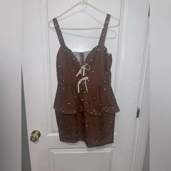 New Fanm Mon Helaina Floral Embroidered Bow Sweetheart Mini Dress🤎Small NWT!